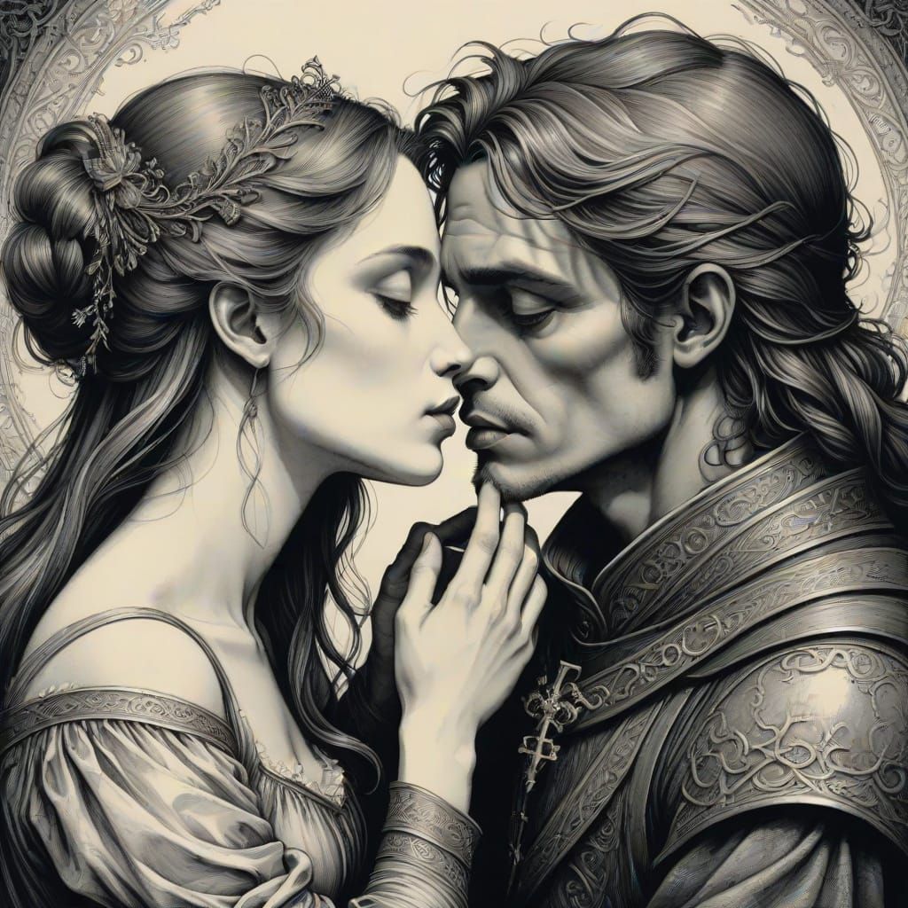 Engraving Style Image: Woman Kisses Man With Ancient Mystery