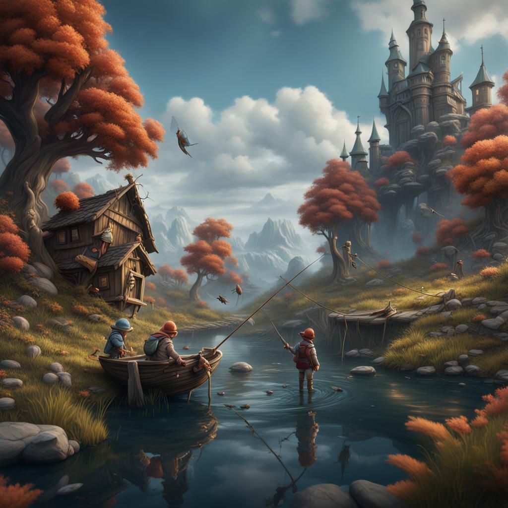 Miniature People Fishing: Detailed Fantasy Art