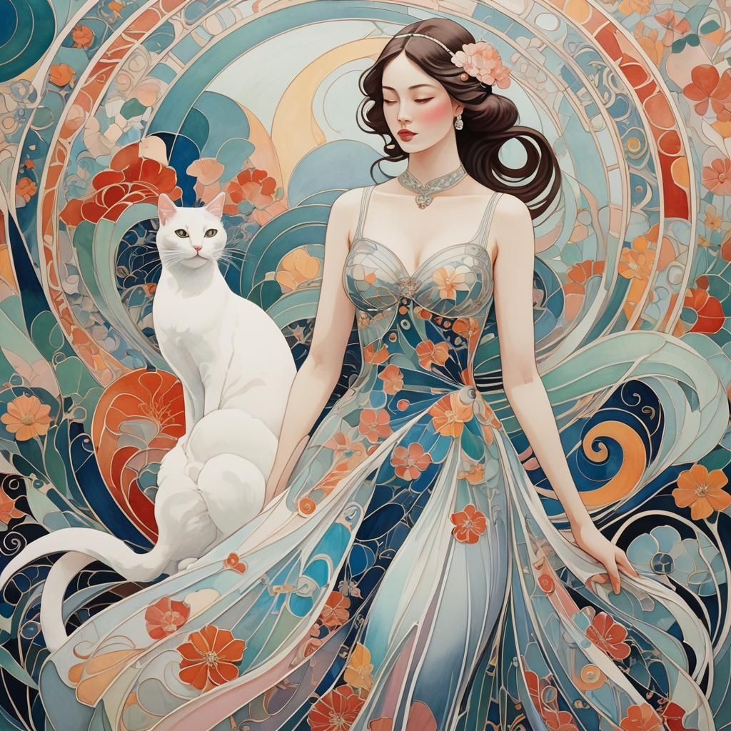 Elegant Lady with Cat in Art Nouveau Style