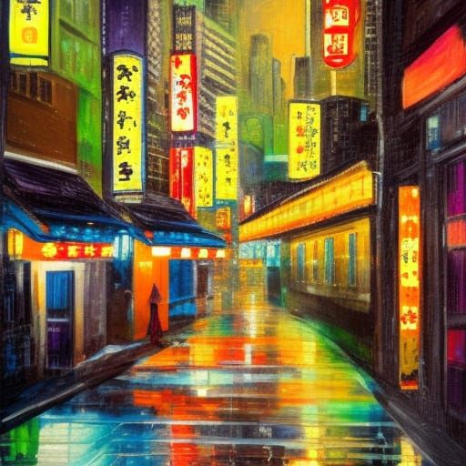 Tokyo Night in Expressionist Oil Painting Style