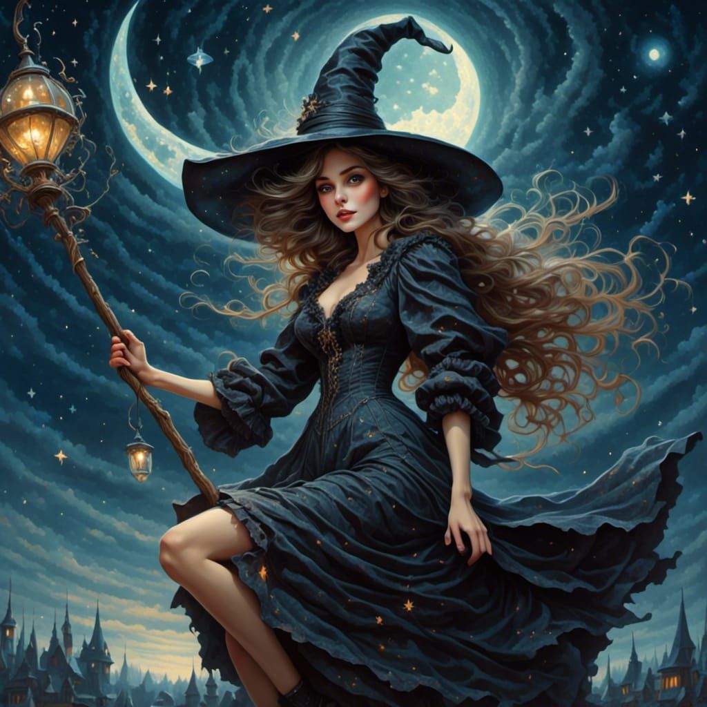 Night Witch Flight Over Starry Sky