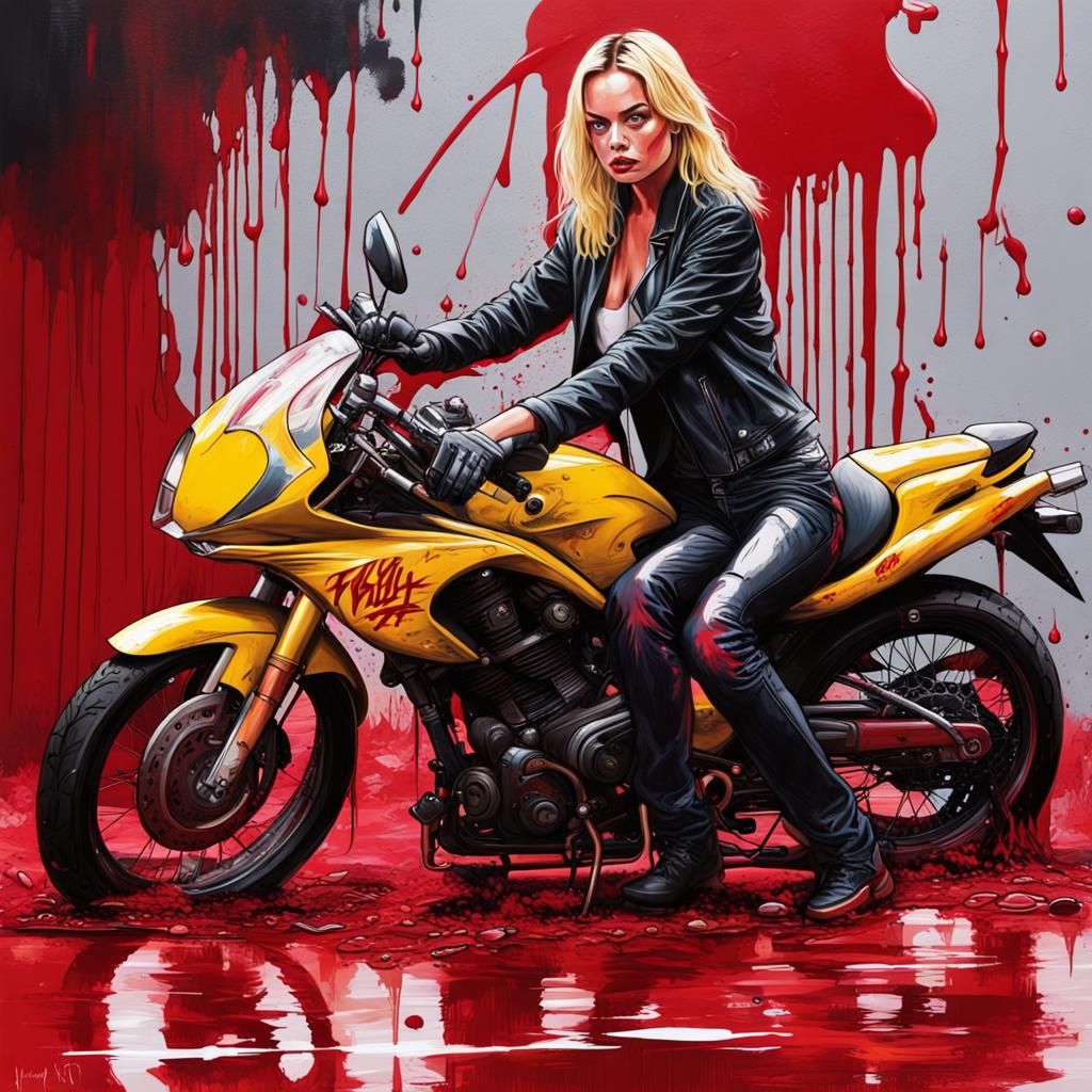 Margot Robbie Motorcycle Graffiti Art in Kill Bill Style