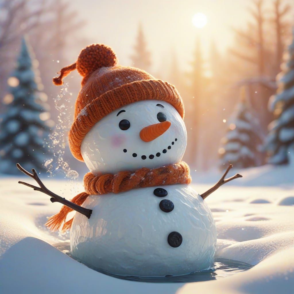 Whimsical Snowman Melts in Sunny Winter Wonderland