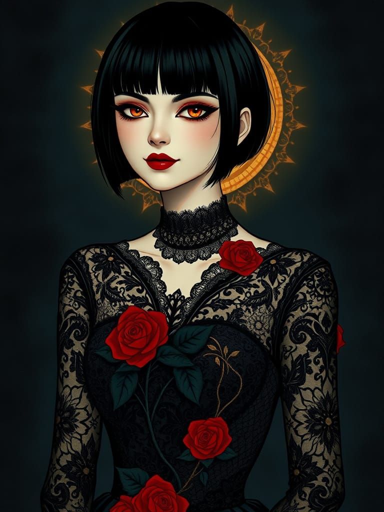 Gothic Vampire Woman in Elegant Black Lace Gown