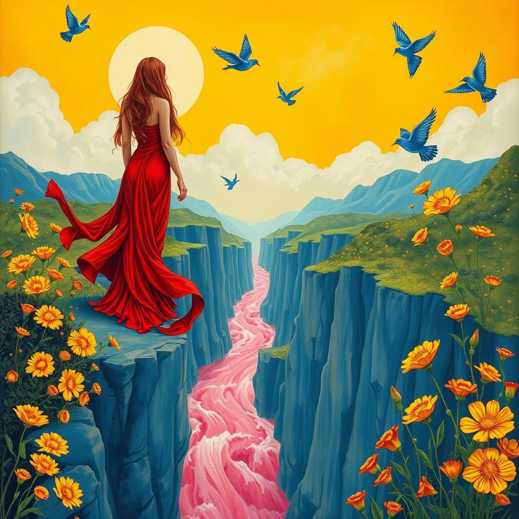 Red Goddess Overlooking Pink River in Art Nouveau Style