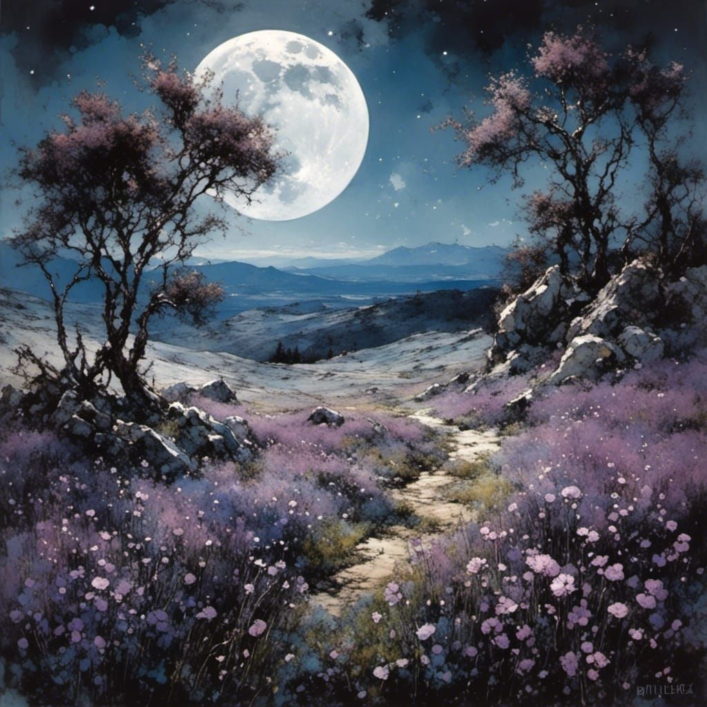 Purple Wildflower Field Under Moonlight