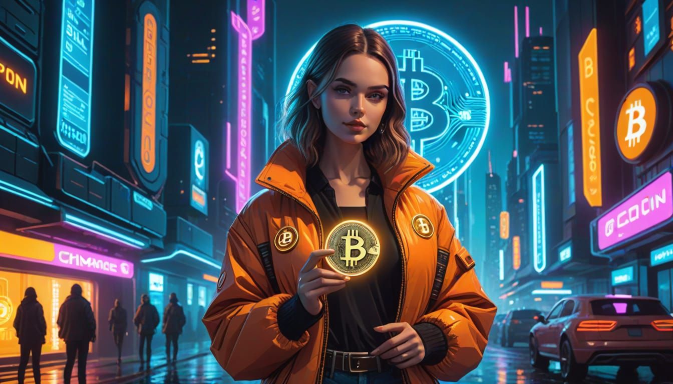 Bitcoin Fashion Model in Cyberpunk Cityscape