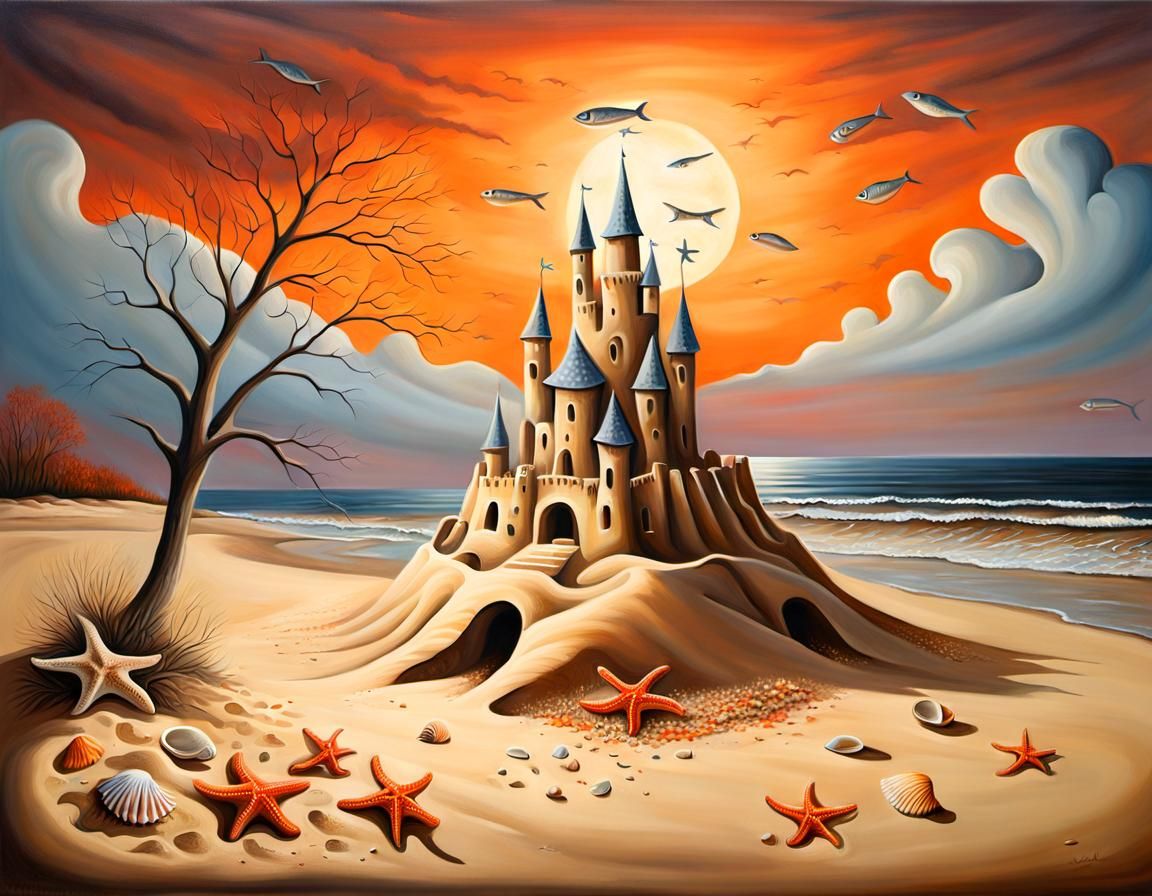 Surreal Sandcastle on Beach in Oil Painting