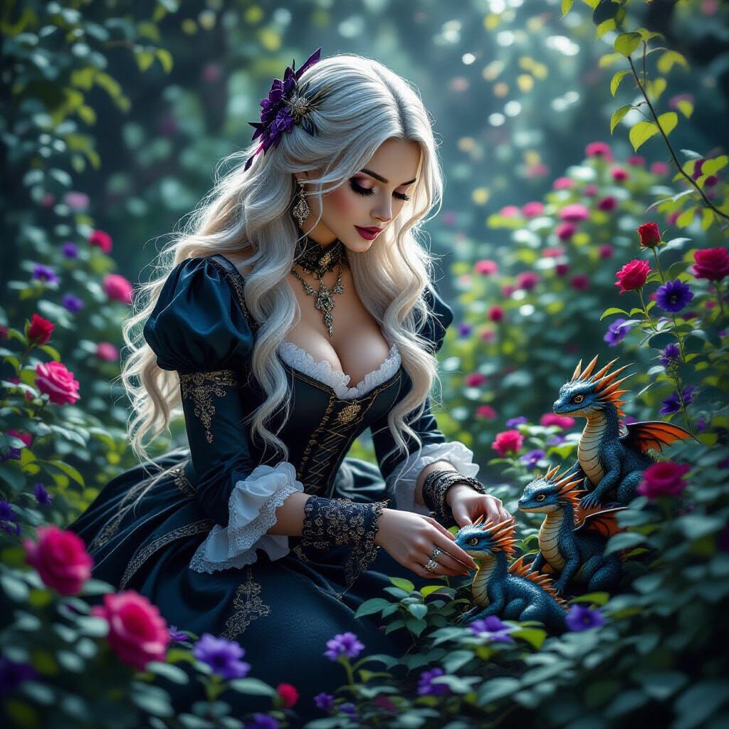 Victorian Lady Tending Dragon Rose Garden
