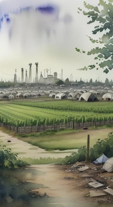 Watercolor Refugee Camp and Vineyard Double Exposure