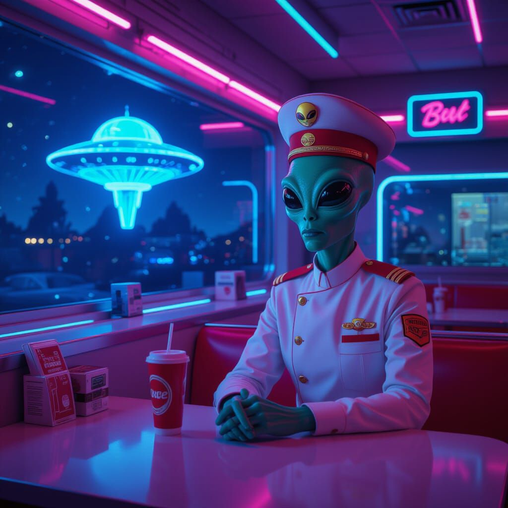 Futuristic Alien Diner in Neon Cyberpunk Style