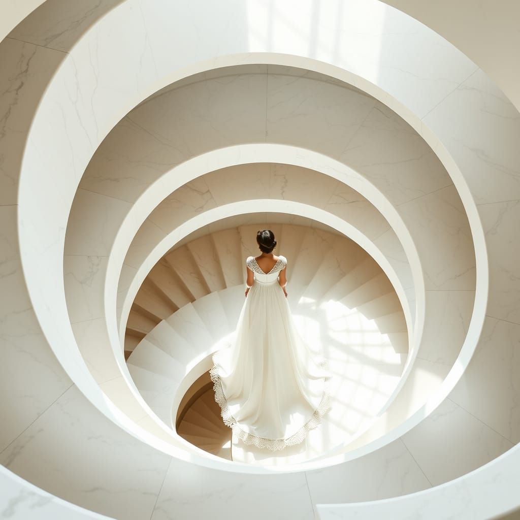 Elegant Spiral Staircase in White Marble with Soft Natural L...