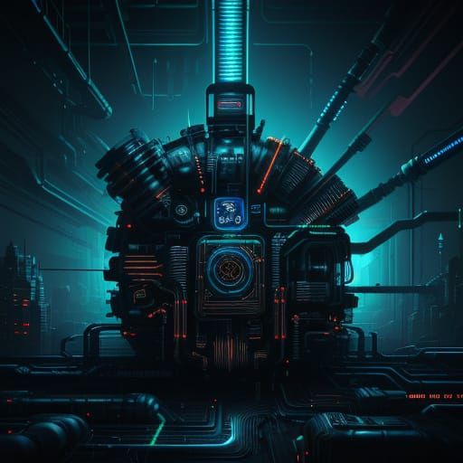 Cyberpunk Turbo Engine Close-Up: Neon-Lit Concept Art