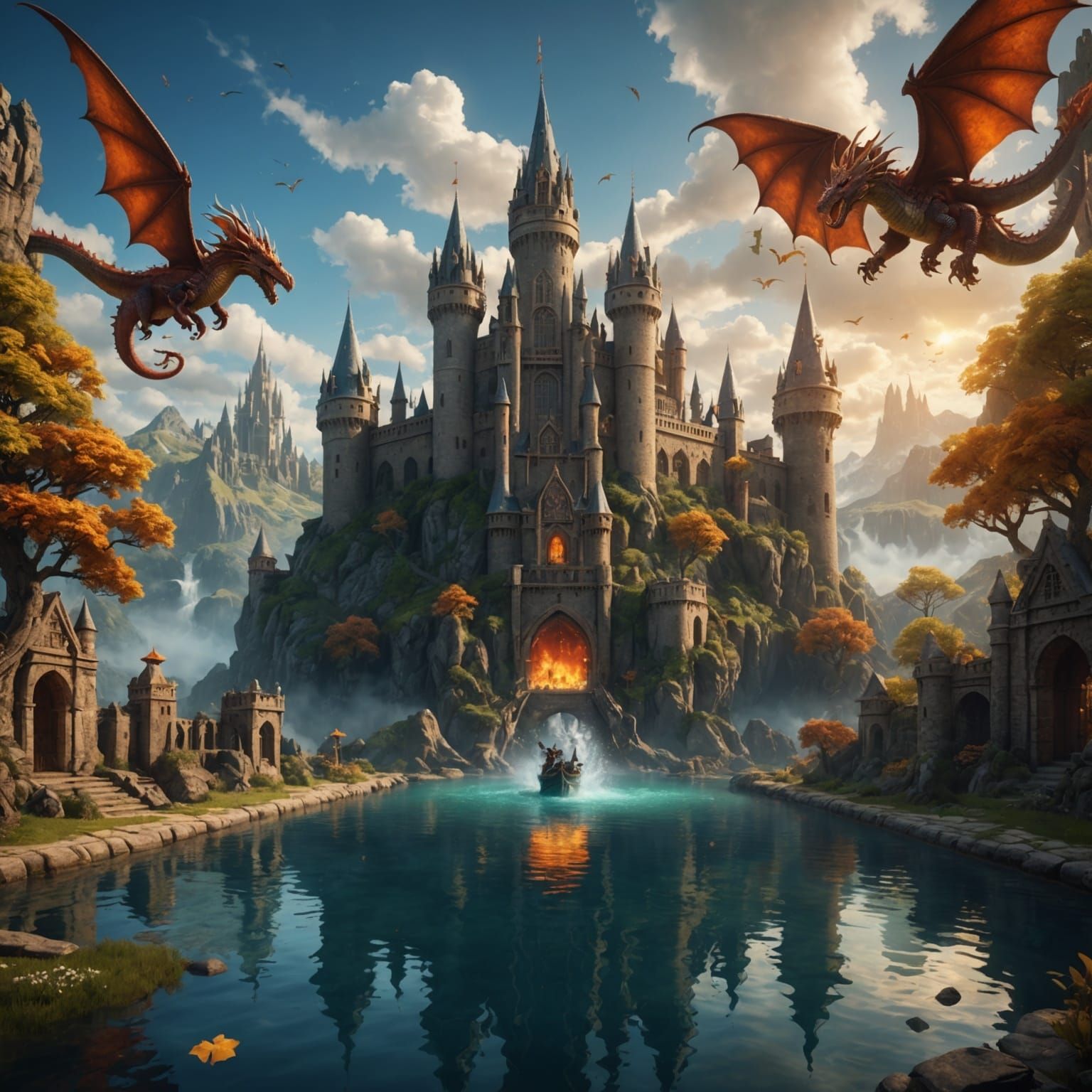 Magical School with Dragons and Elemental Towers