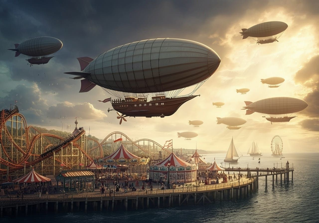 Majestic Steampunk Airships Soar Over Vibrant Victorian Seas...