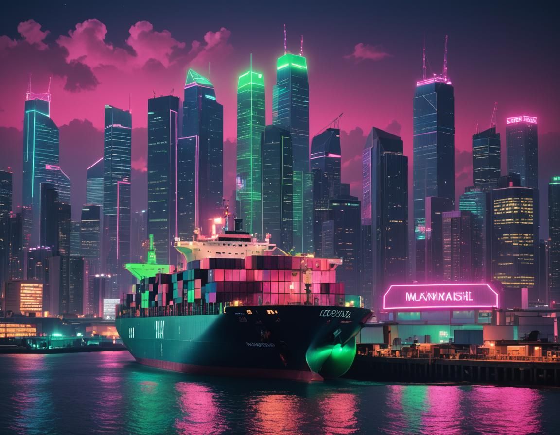 Neon Container Ship in Retrowave Cityscape