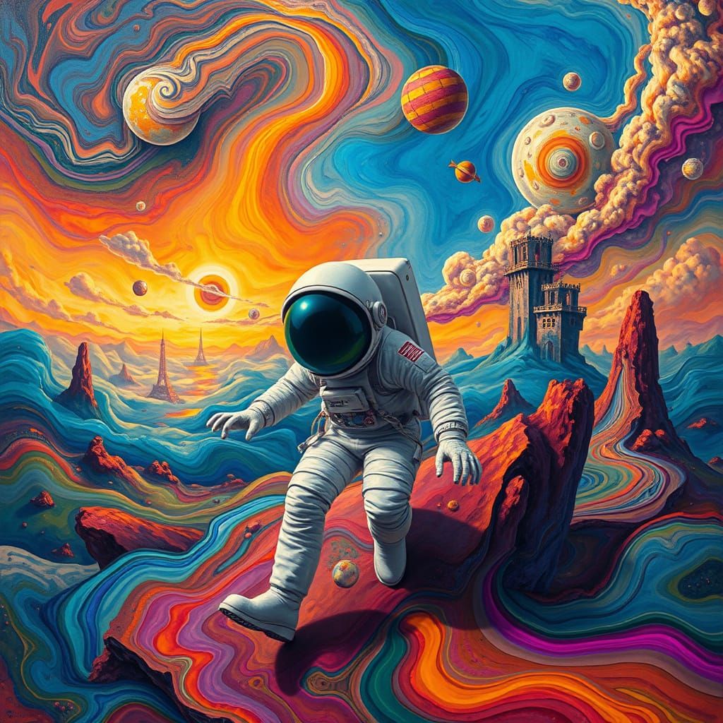 Astronaut in Surreal Alien Landscape, Dreamlike Art