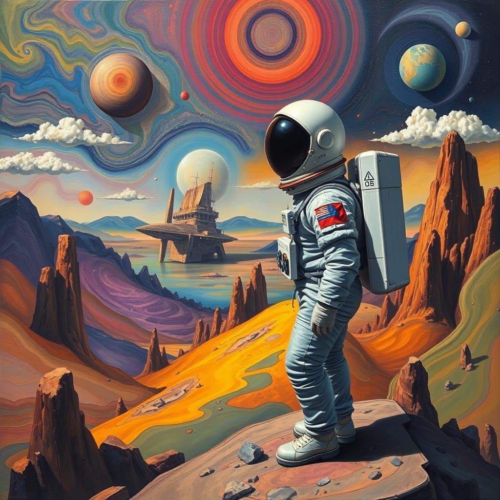 Astronaut in Surreal Alien Landscape: Abstract Expressionism