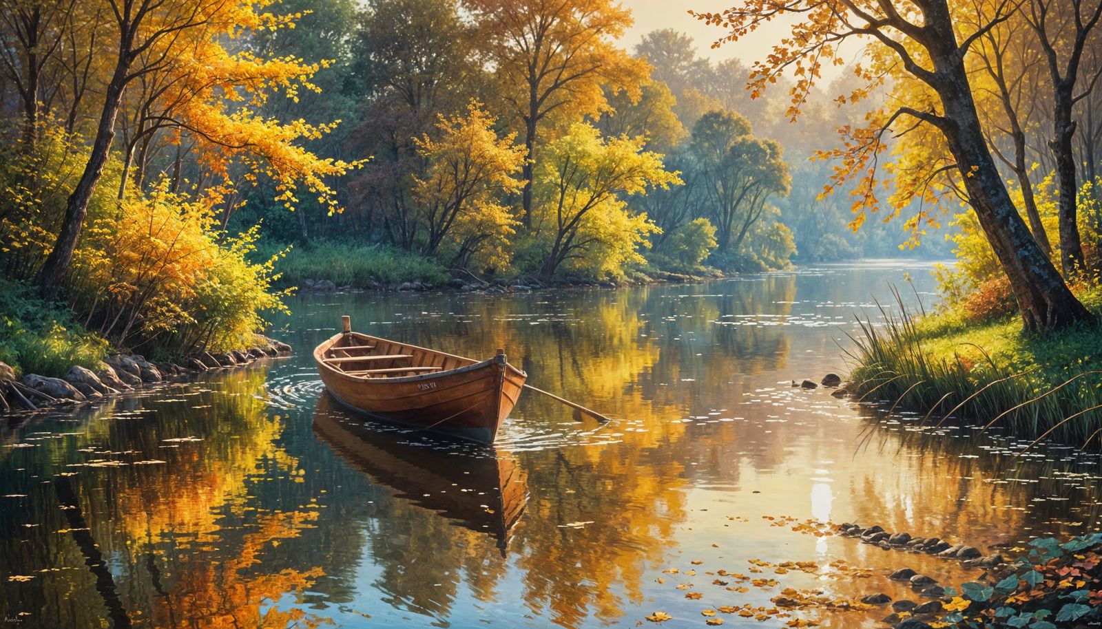 Autumn River Sunset: Neo-Impressionist Oil Painting