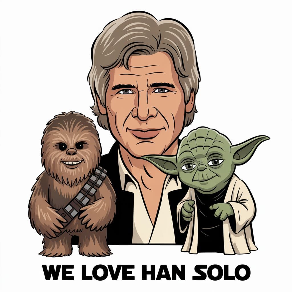 A cartoon poster with Harrison Ford as Han Solo posing with ...