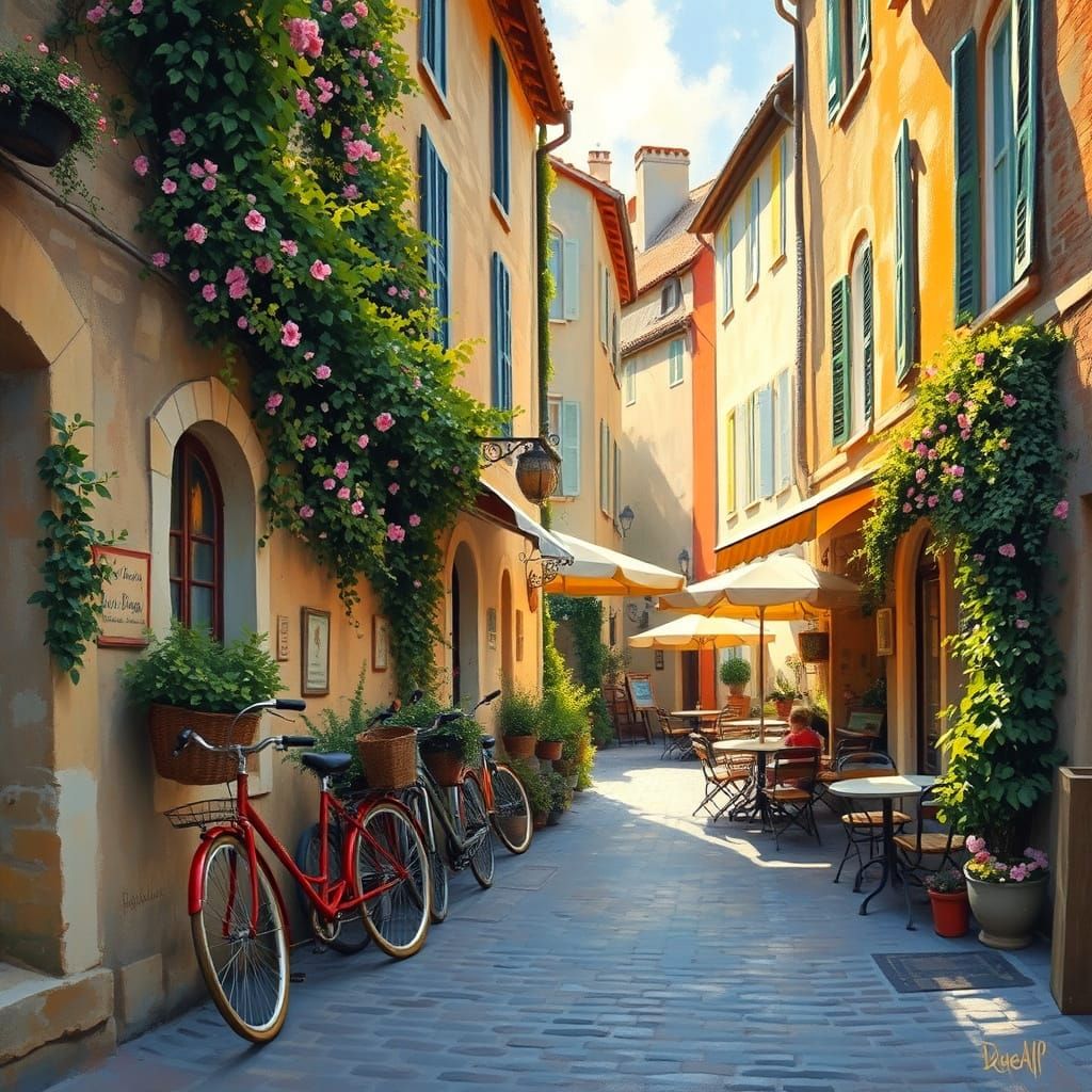 Impressionist European Town Square with Vintage Bicycles and...