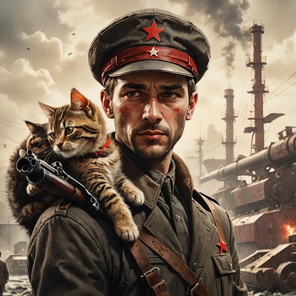 Man with Kitten and Rifle in Socialist Realism Style
