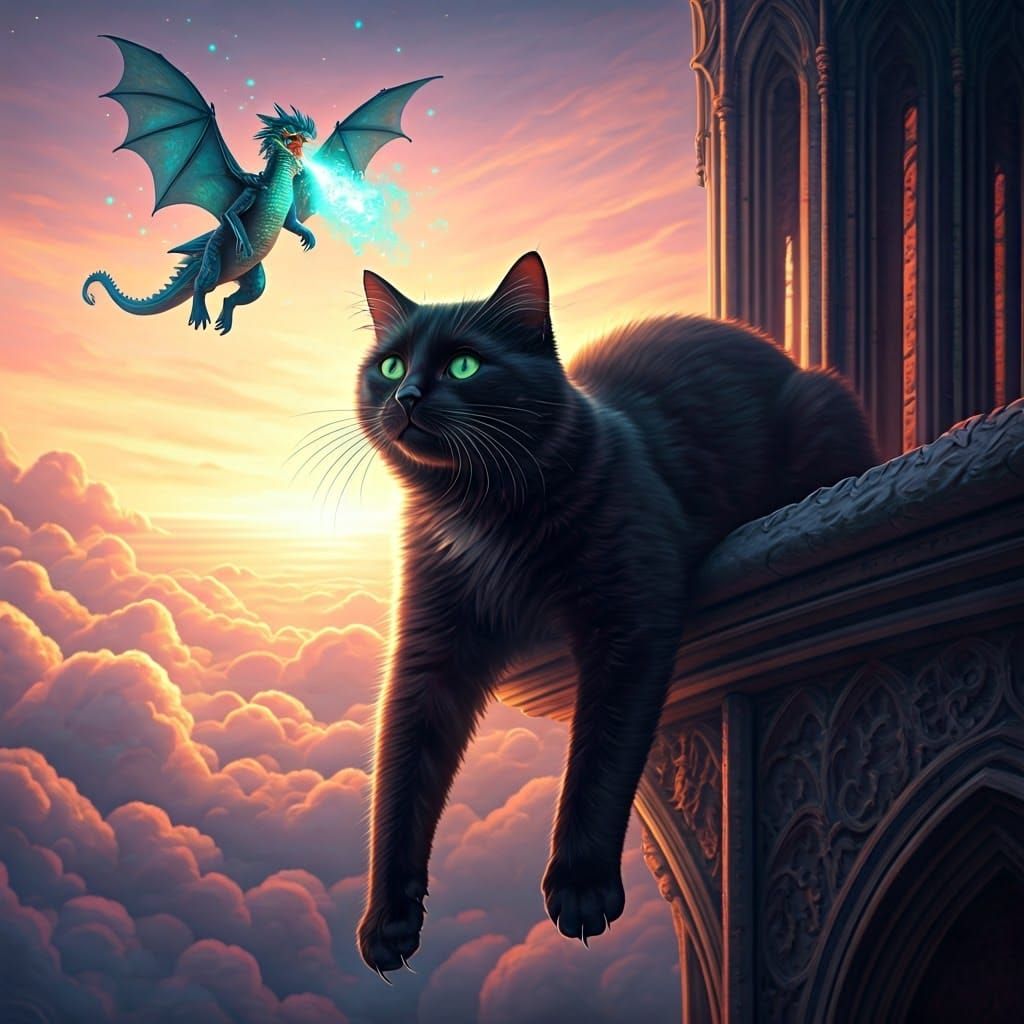 Black Cat and Dragon on Castle Ledge