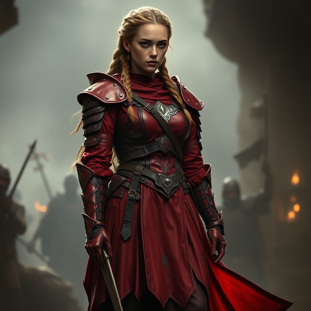 Warrior Princess in Red Armor, Hyperrealistic Style