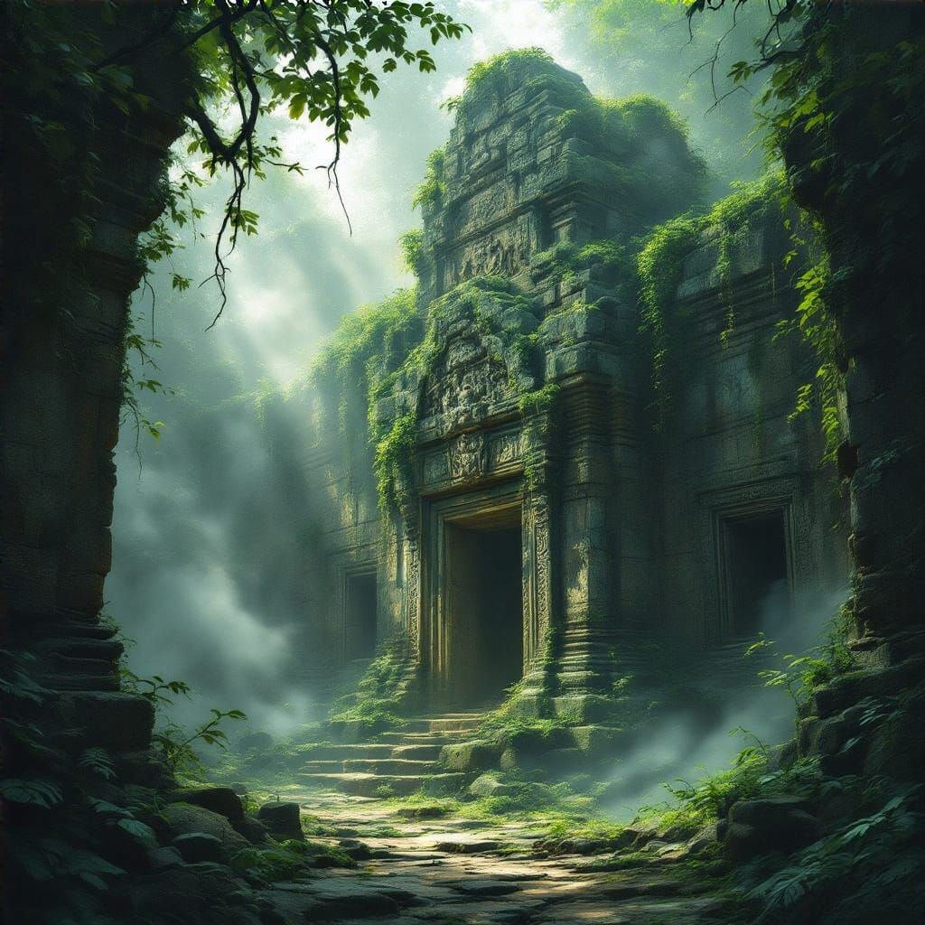 Mysterious Ancient Temple Shrouded in Vines and Mist