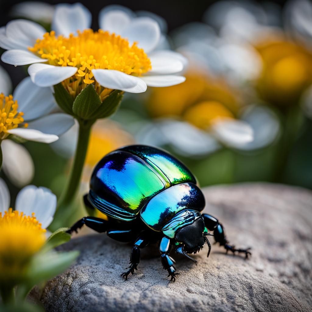 Iridescent Dung Beetle Posing Heroically on Stone