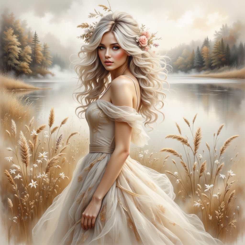 Woman with White Hair Smiling in Foggy River Landscape