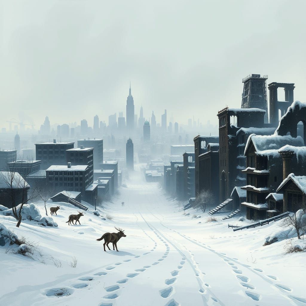Frozen Apocalypse Cityscape in Dark, Gritty Post-Punk Style