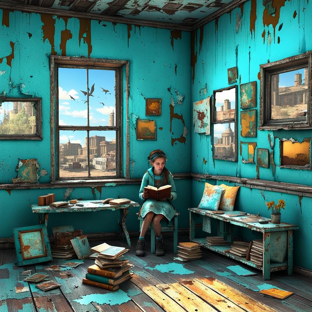 Child Reading in Post-Apocalyptic Surrealism Style