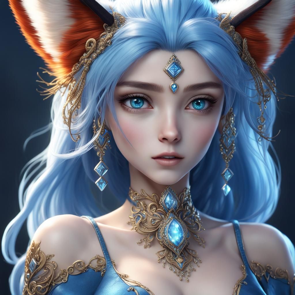 Blue Diamond Fox Girl in Manga Style