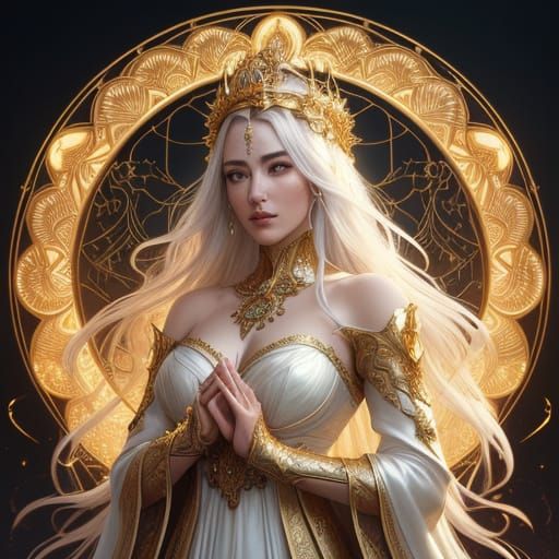 Noblewoman Crowned with Golden Sun Filigree in Art Nouveau S...