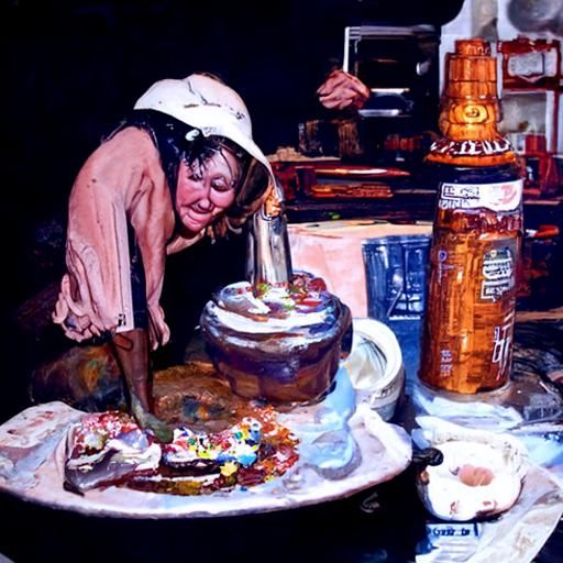 Drunk Woman Baking Cake in Oil Painting Style
