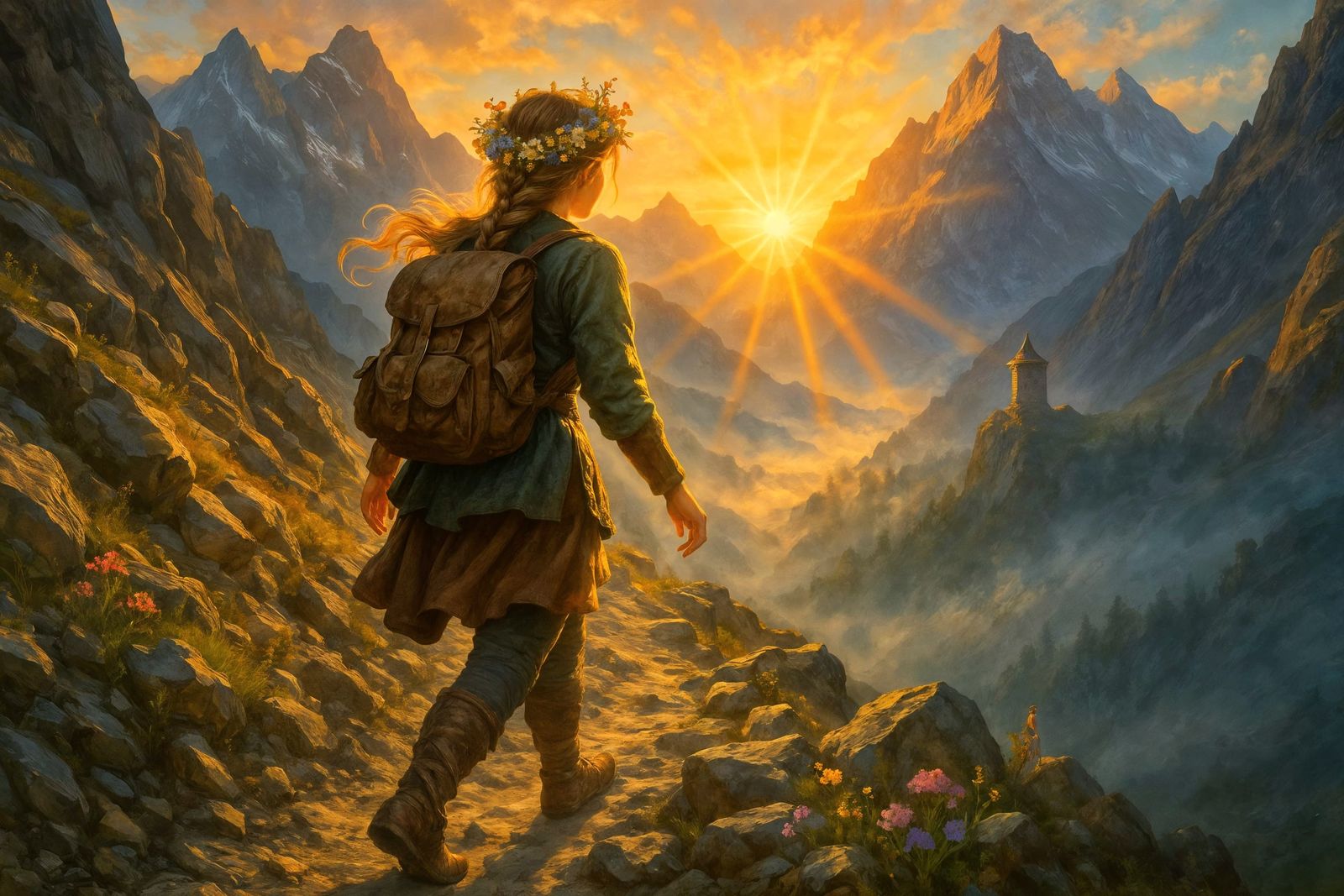 Adventurer Ascends Mountain Pass at Dawn: Fantasy Illustrati...