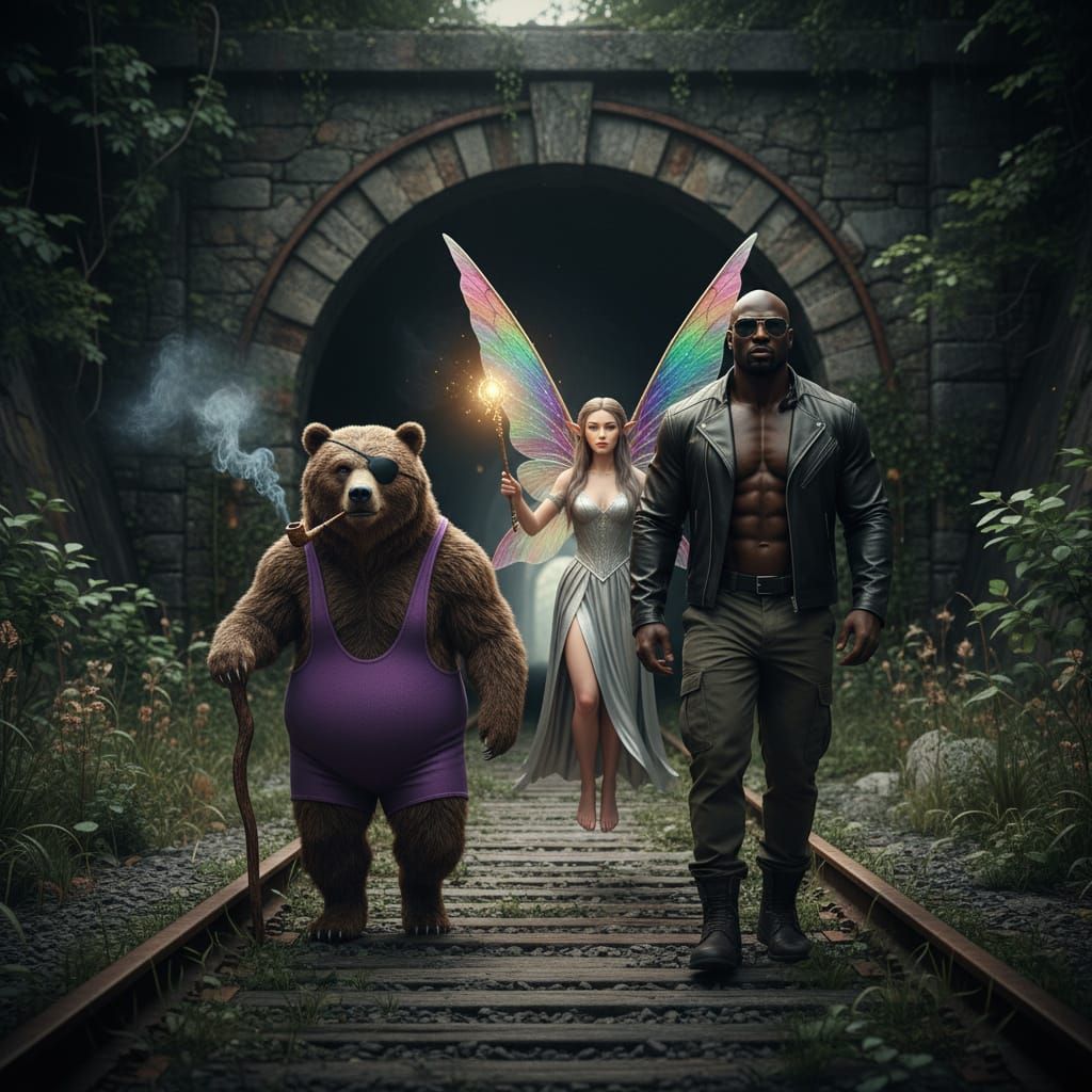 Bear, Elf, and Muscular Man on Railroad Tracks
