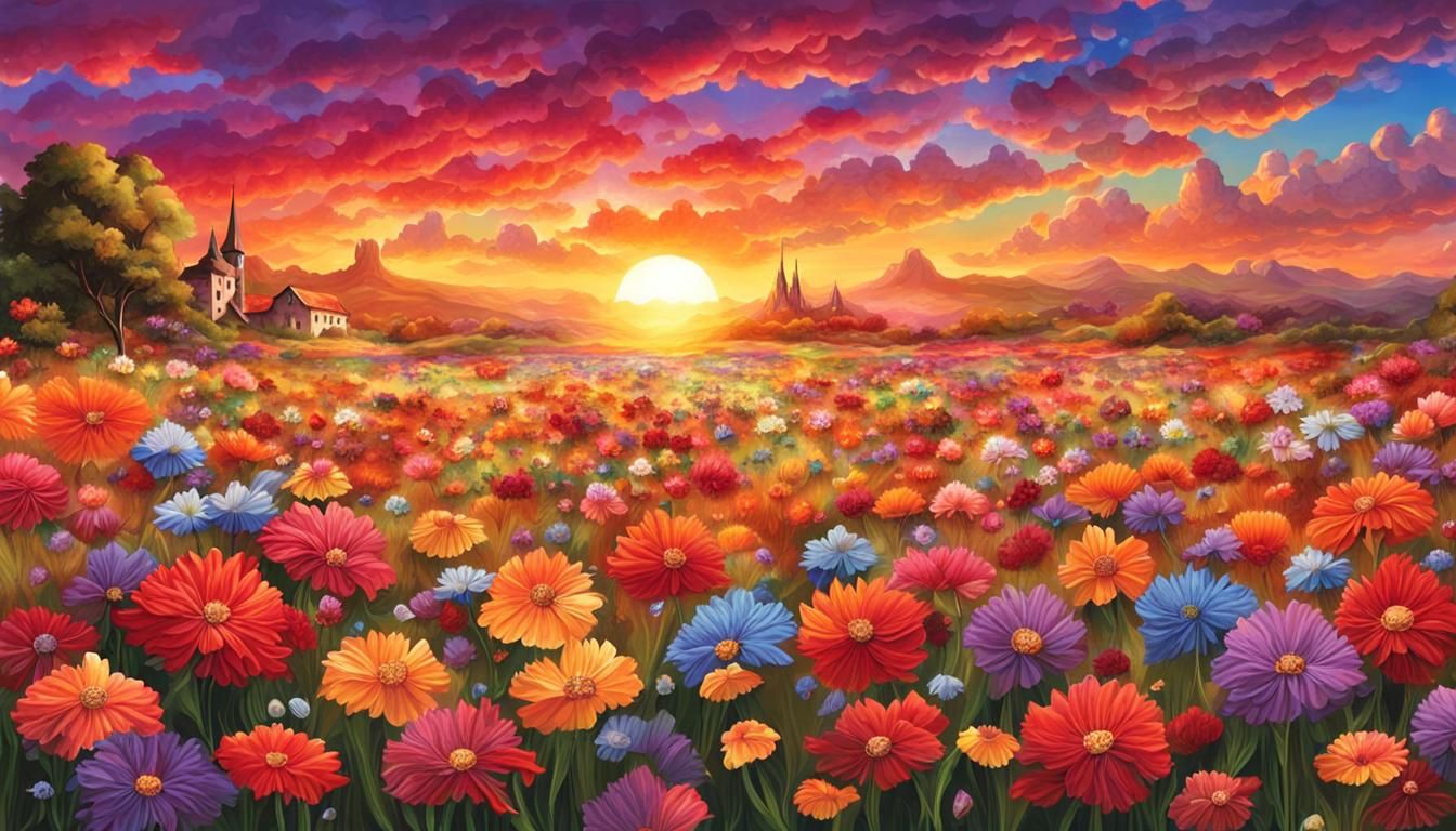 Fantastical Sunset Over a Magnificent Flower Field