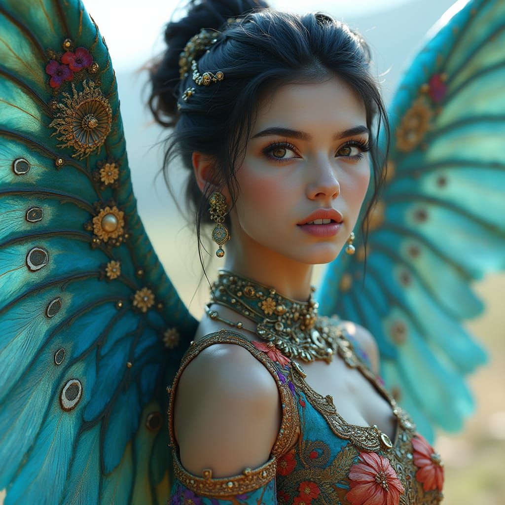 Hyperrealistic Digital Portrait of a Winged Beauty in Futuri...