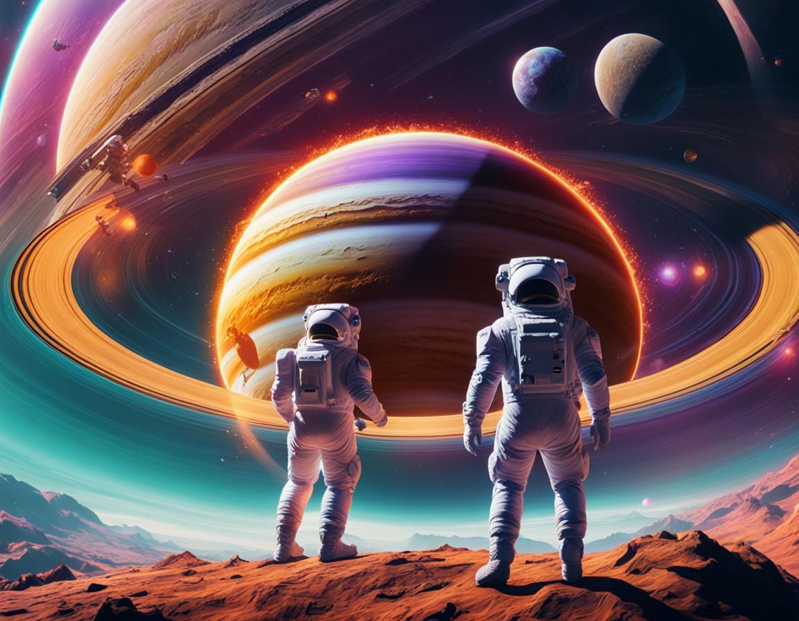 Astronauts Surfing Saturn's Rings: Detailed Matte Painting