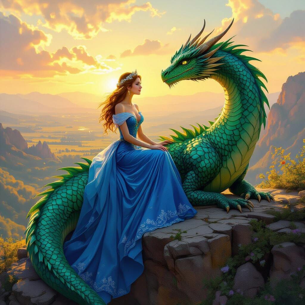 Princess and Dragon Guardian Surveying Sunlit Valley in Fant...
