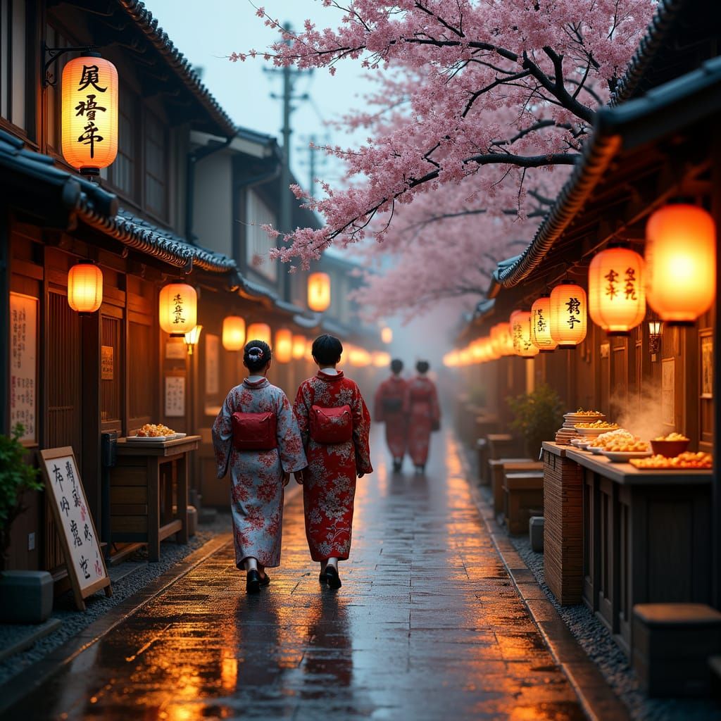 Taisho Era Street Scene with Glowing Lanterns and Cherry Blo...