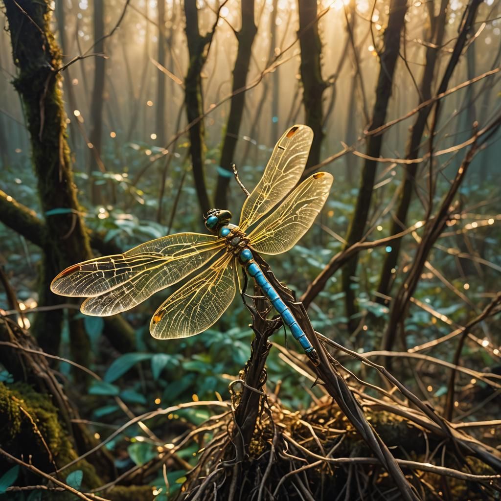 Golden Dragonfly in Surreal Bioluminescent Forest