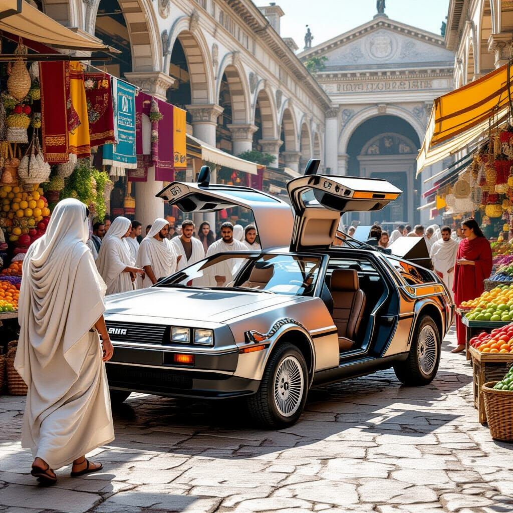 DeLorean Time Machine Disrupts Ancient Roman Marketplace