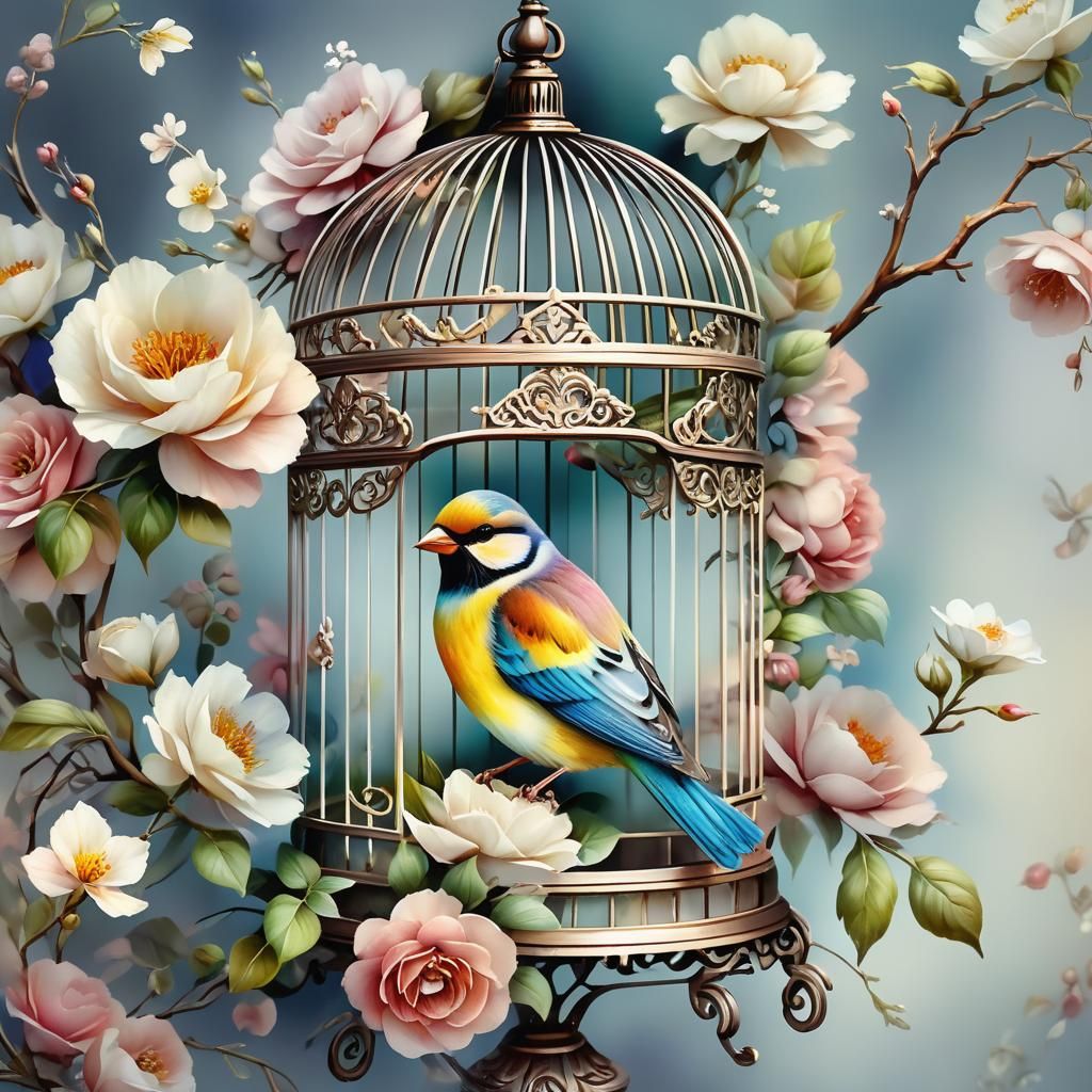 Vintage Bird on Cage in Watercolor Style