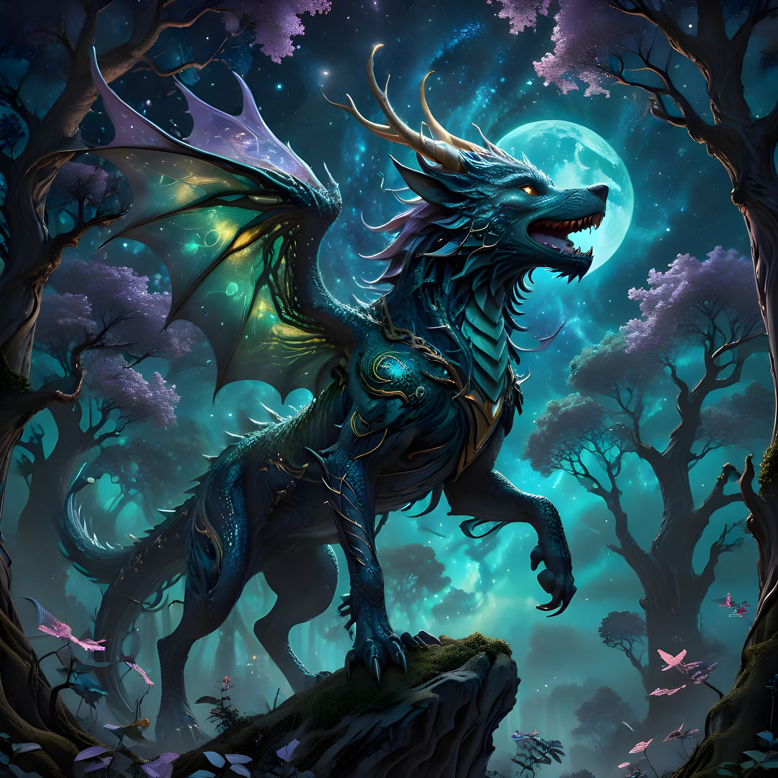 Celestial Dragon-Wolf Hybrid in Ethereal Glow