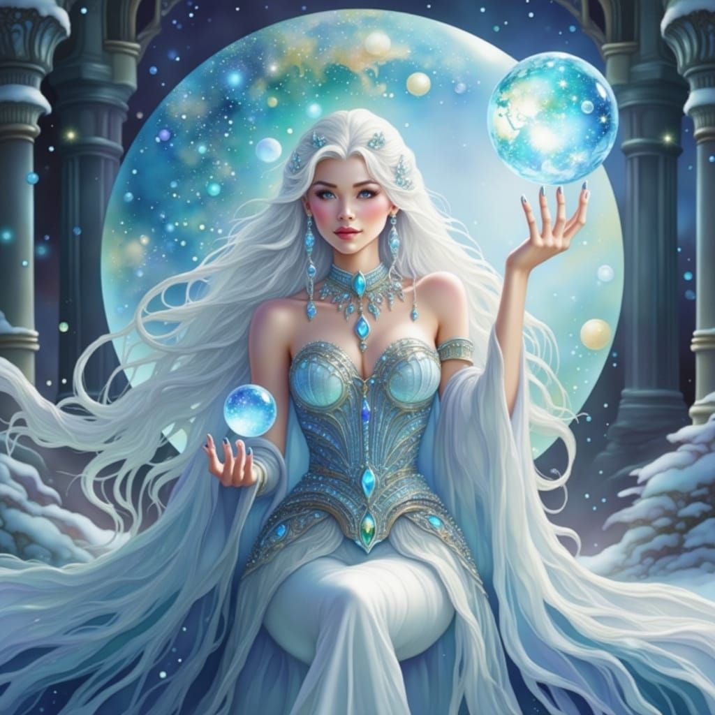 Majestic Ice Sorceress With Icy Magic and Earth Globe