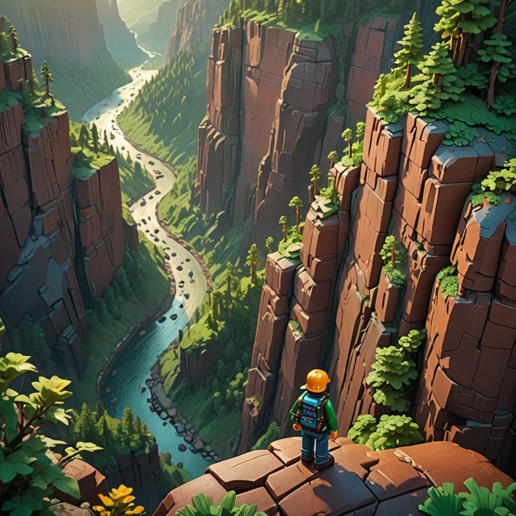 Minifigure on Cliff Edge: Hyperrealistic Concept Art