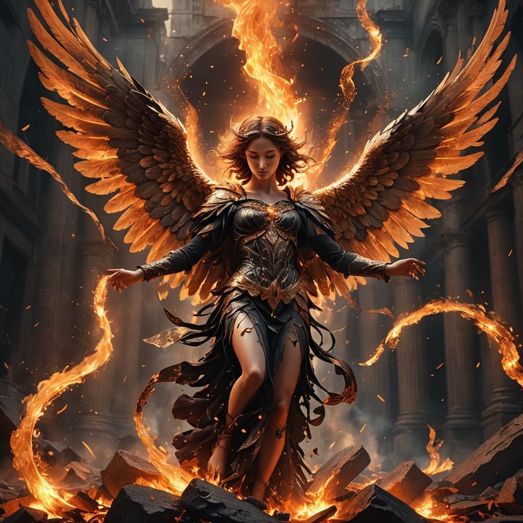 Fallen Angel in Fire: Hyperrealistic Digital Art